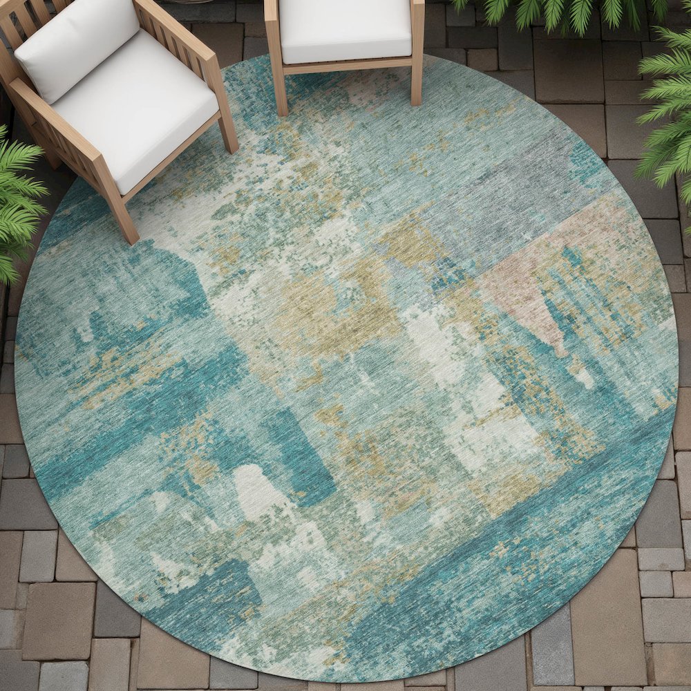 Machine Washable Indoor/Outdoor Chantille ACN2147 Teal 8' x 8' Round Rug. Picture 6