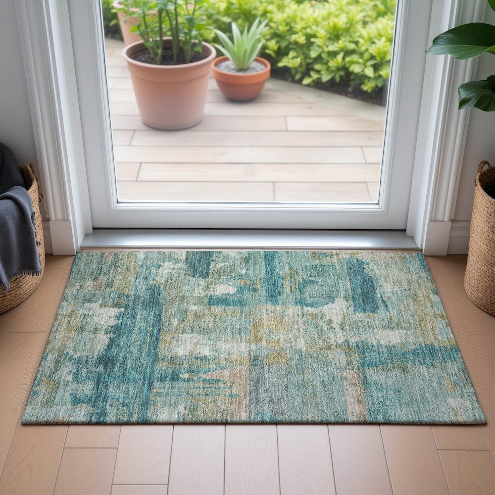 Machine Washable Indoor/Outdoor Chantille ACN2147 Teal 1'8" x 2'6" Rug. Picture 5