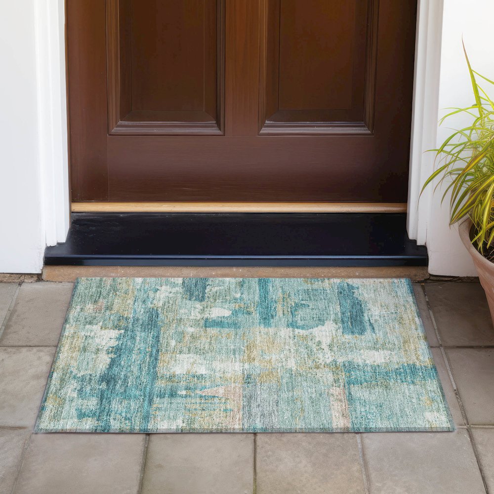 Machine Washable Indoor/Outdoor Chantille ACN2147 Teal 1'8" x 2'6" Rug. Picture 6
