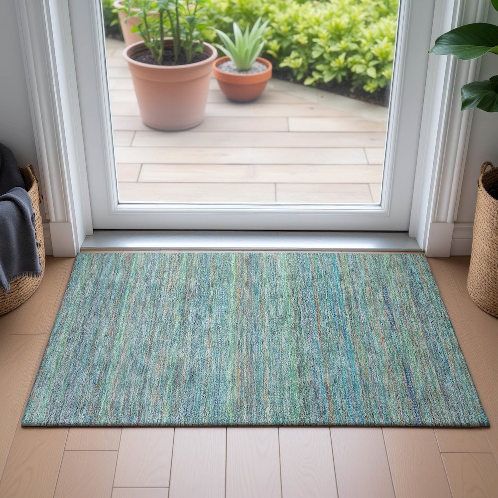 Machine Washable Indoor/Outdoor Chantille ACN2148 Teal 1'8" x 2'6" Rug. Picture 5