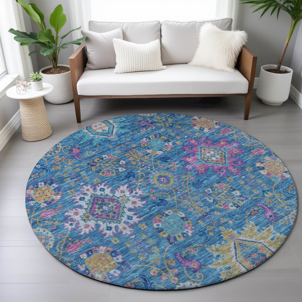 Machine Washable Indoor/Outdoor Chantille ACN2151 Blue 8' x 8' Round Rug. Picture 5