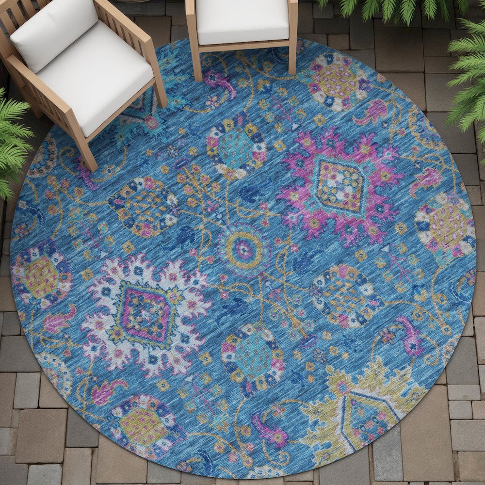 Machine Washable Indoor/Outdoor Chantille ACN2151 Blue 8' x 8' Round Rug. Picture 6