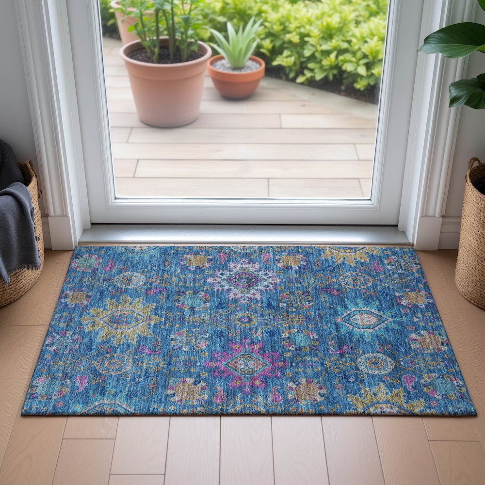 Machine Washable Indoor/Outdoor Chantille ACN2151 Blue 1'8" x 2'6" Rug. Picture 5