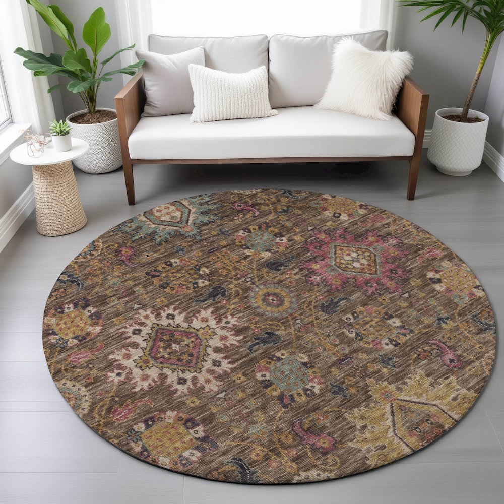 Machine Washable Indoor/Outdoor Chantille ACN2151 Chocolate 8' x 8' Round Rug. Picture 5