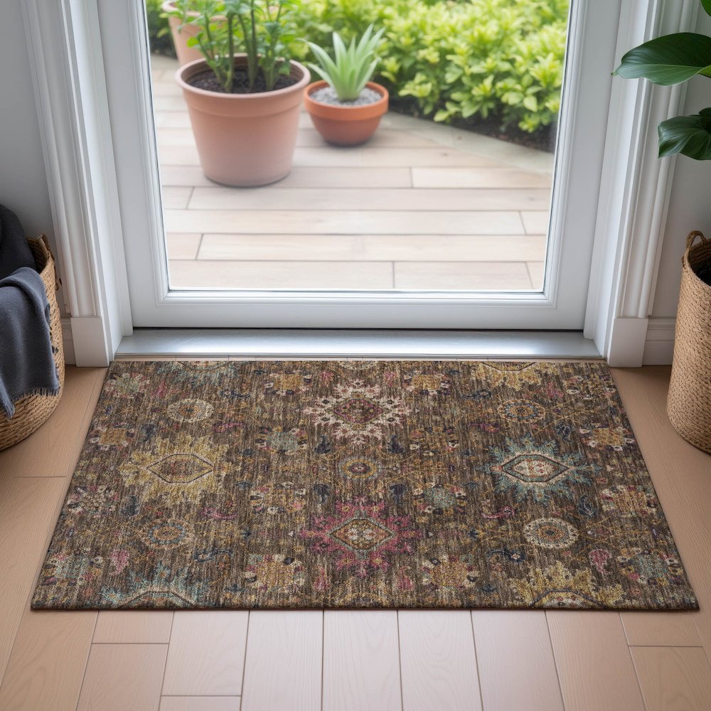 Machine Washable Indoor/Outdoor Chantille ACN2151 Chocolate 1'8" x 2'6" Rug. Picture 5