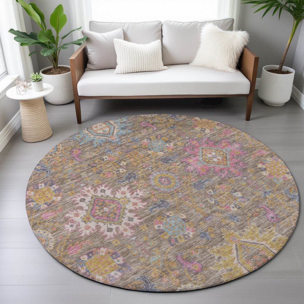 Machine Washable Indoor/Outdoor Chantille ACN2151 Mocha 8' x 8' Round Rug. Picture 5