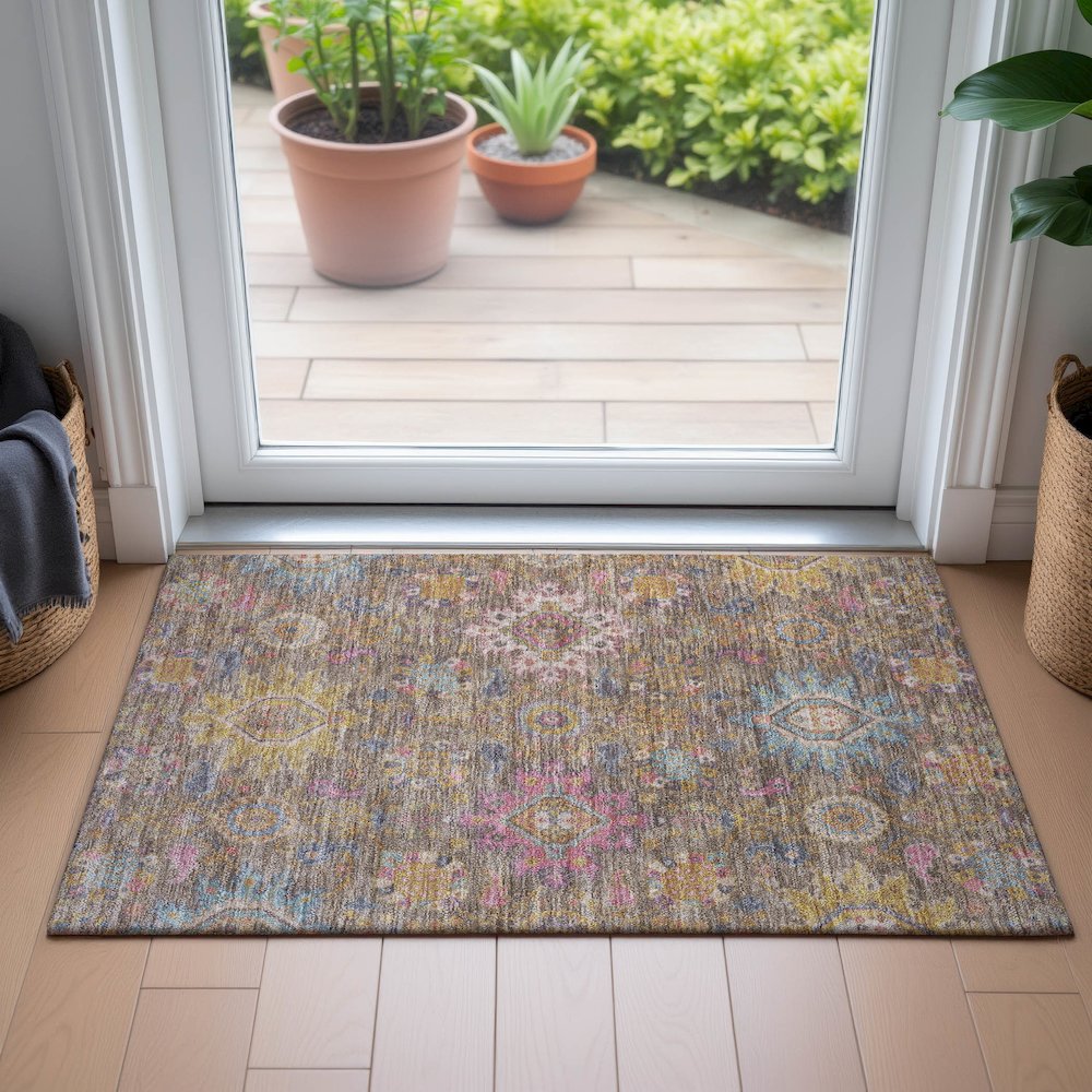Machine Washable Indoor/Outdoor Chantille ACN2151 Mocha 1'8" x 2'6" Rug. Picture 5