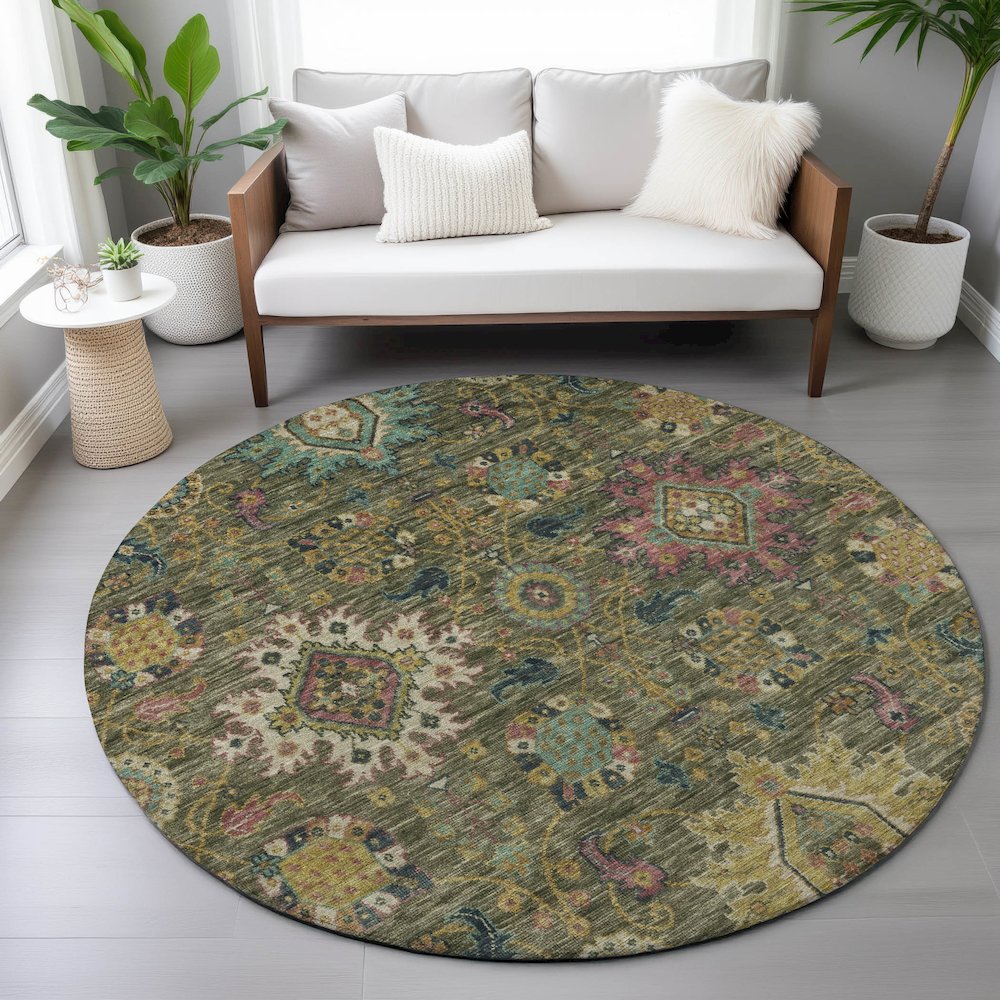 Machine Washable Indoor/Outdoor Chantille ACN2151 Olive 8' x 8' Round Rug. Picture 5