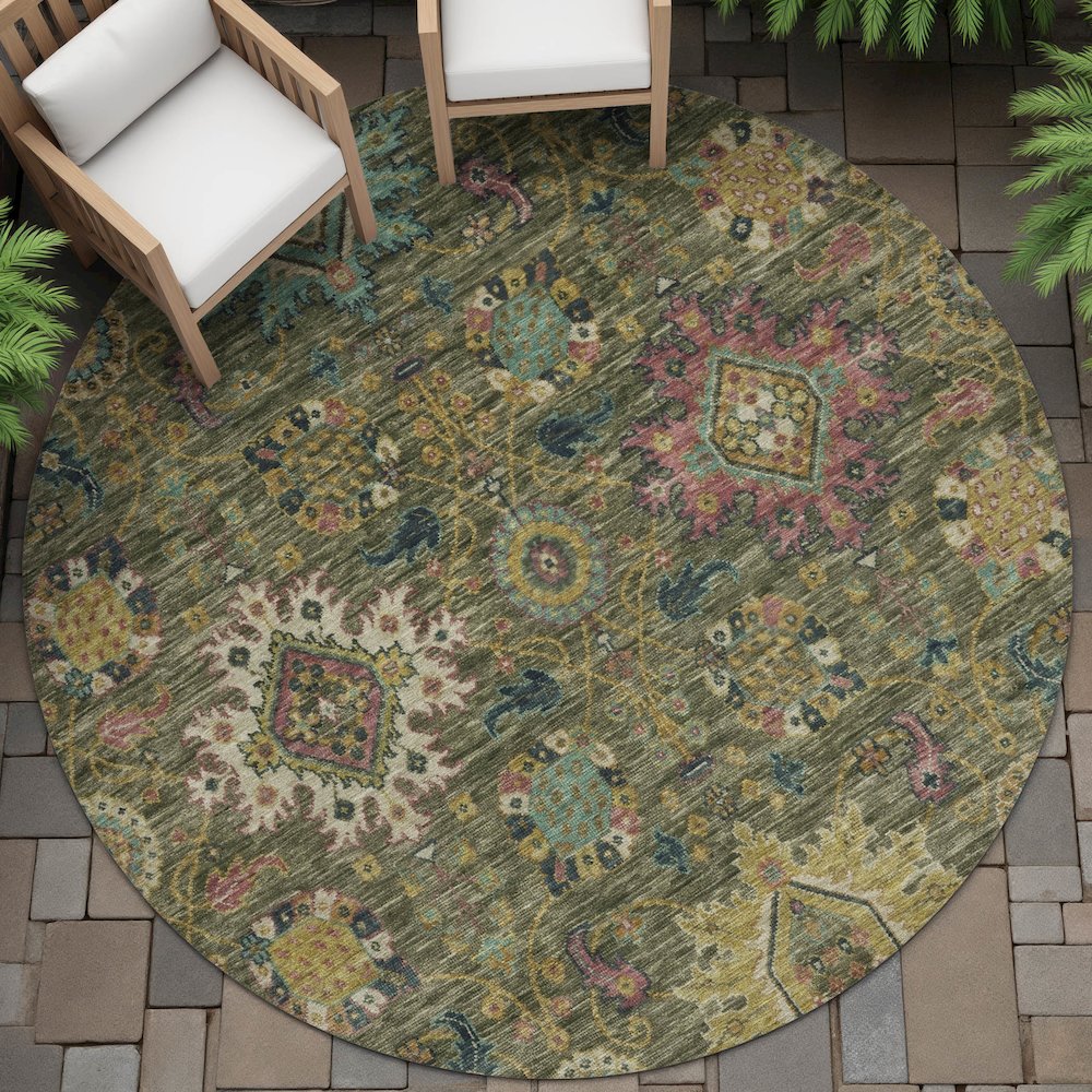 Machine Washable Indoor/Outdoor Chantille ACN2151 Olive 8' x 8' Round Rug. Picture 6