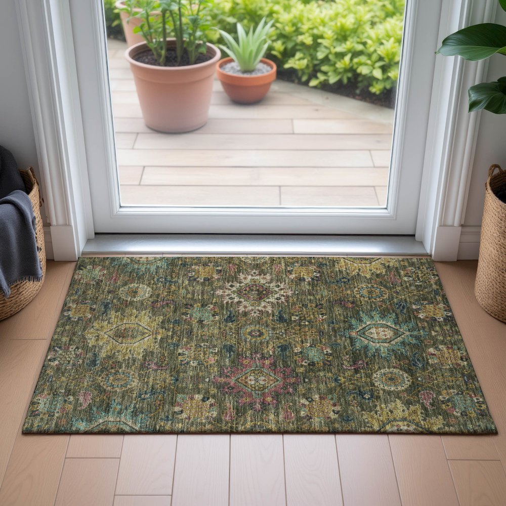 Machine Washable Indoor/Outdoor Chantille ACN2151 Olive 1'8" x 2'6" Rug. Picture 5