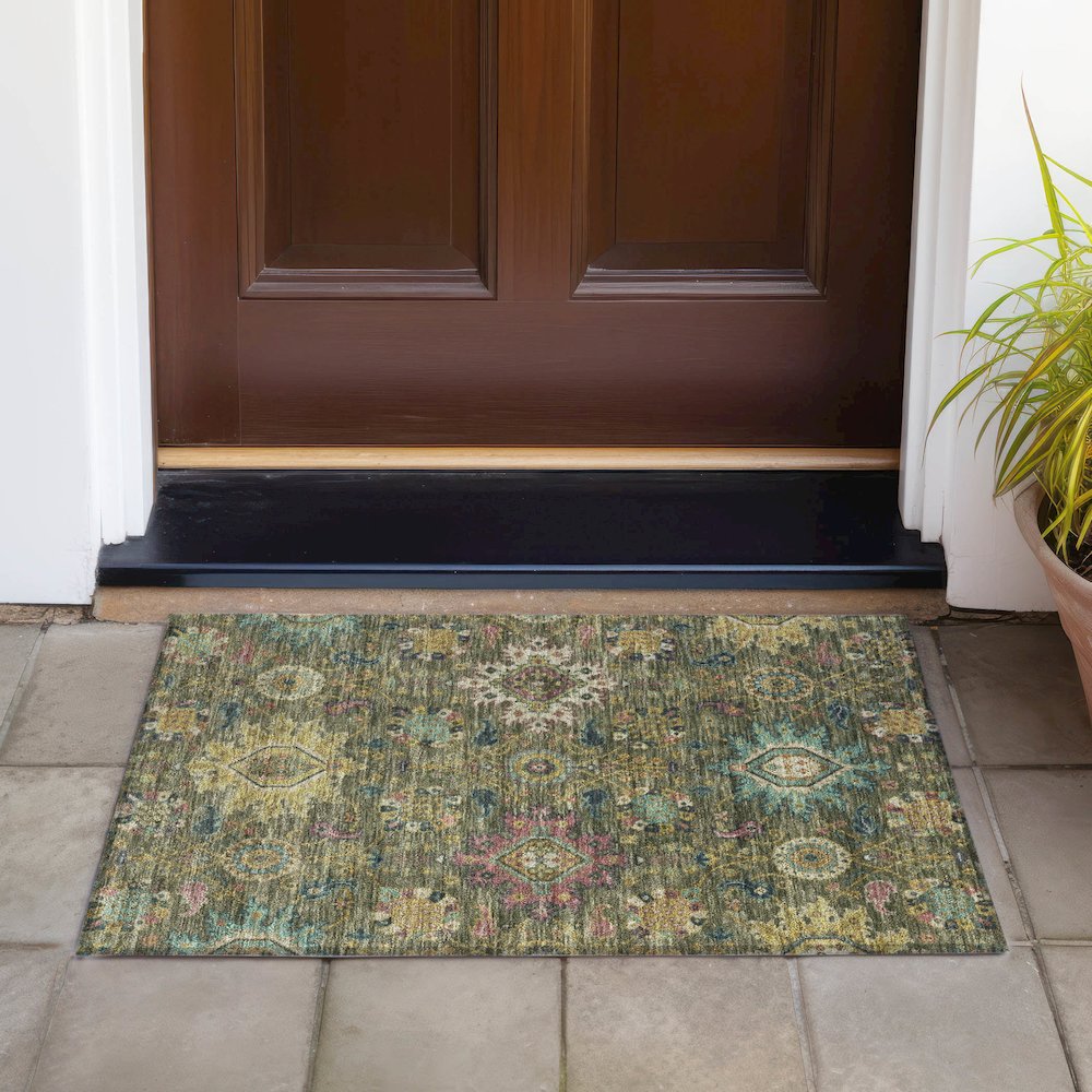 Machine Washable Indoor/Outdoor Chantille ACN2151 Olive 1'8" x 2'6" Rug. Picture 6