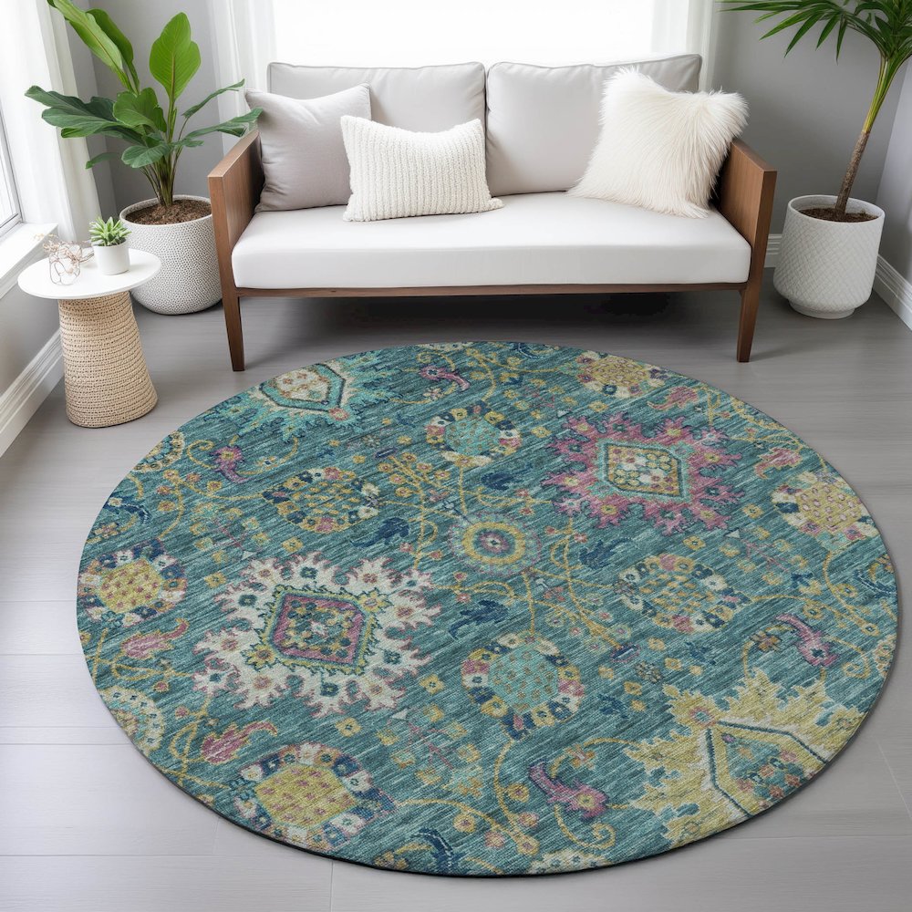 Machine Washable Indoor/Outdoor Chantille ACN2151 Teal 8' x 8' Round Rug. Picture 5