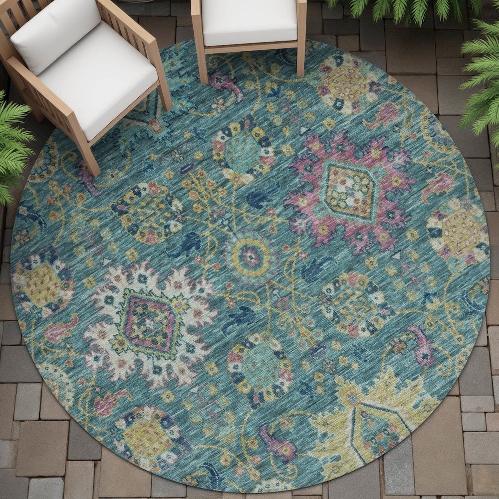 Machine Washable Indoor/Outdoor Chantille ACN2151 Teal 8' x 8' Round Rug. Picture 6
