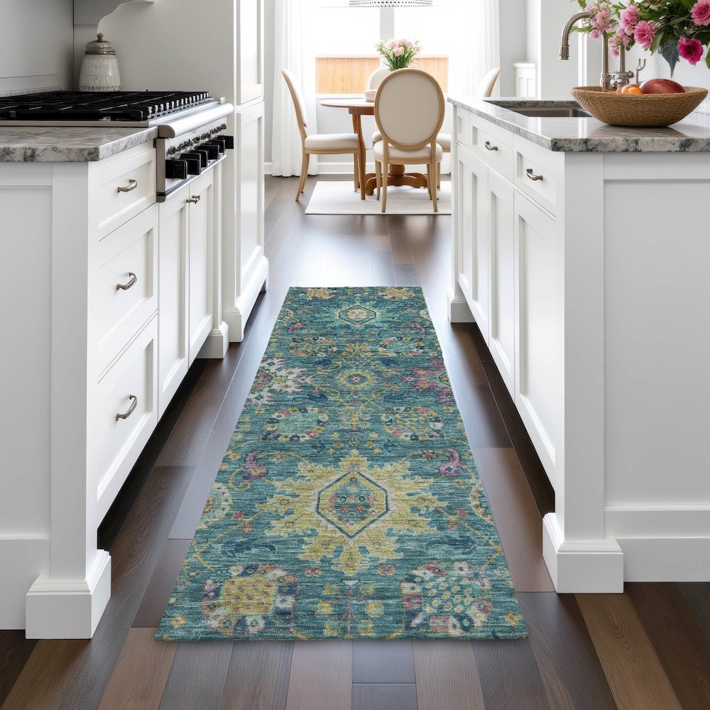 Machine Washable Indoor/Outdoor Chantille ACN2151 Teal 2'3" x 7'6" Runner Rug. Picture 5