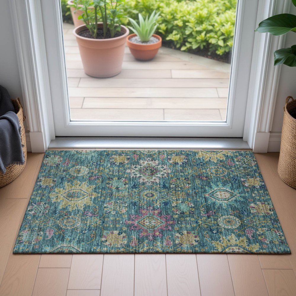 Machine Washable Indoor/Outdoor Chantille ACN2151 Teal 1'8" x 2'6" Rug. Picture 5
