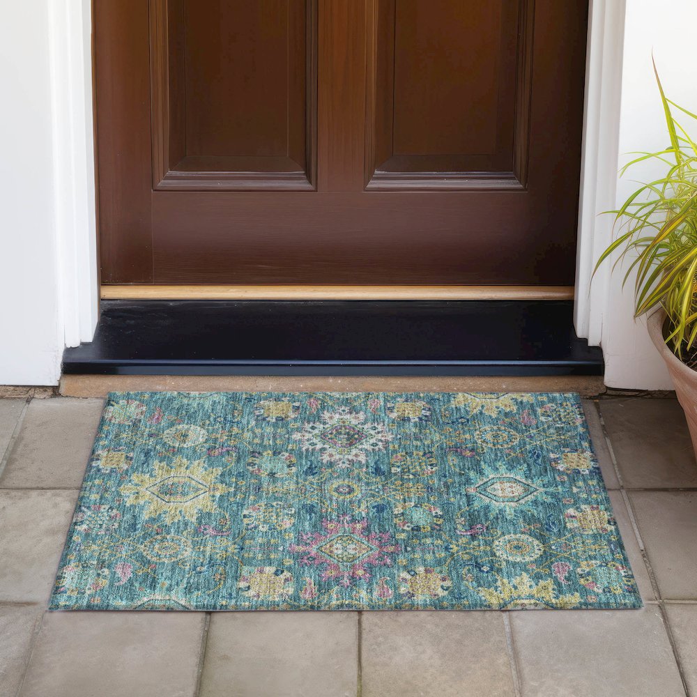 Machine Washable Indoor/Outdoor Chantille ACN2151 Teal 1'8" x 2'6" Rug. Picture 6