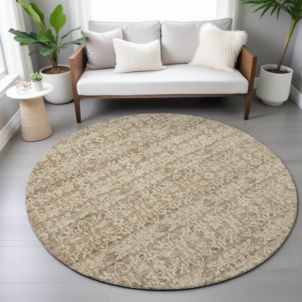 Machine Washable Indoor/Outdoor Chantille ACN2152 Brown 8' x 8' Round Rug. Picture 5