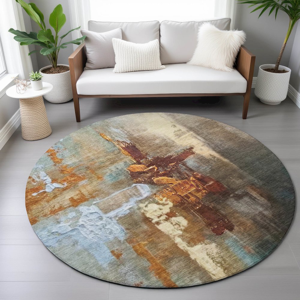 Machine Washable Indoor/Outdoor Chantille ACN2157 Paprika 8' x 8' Round Rug. Picture 5