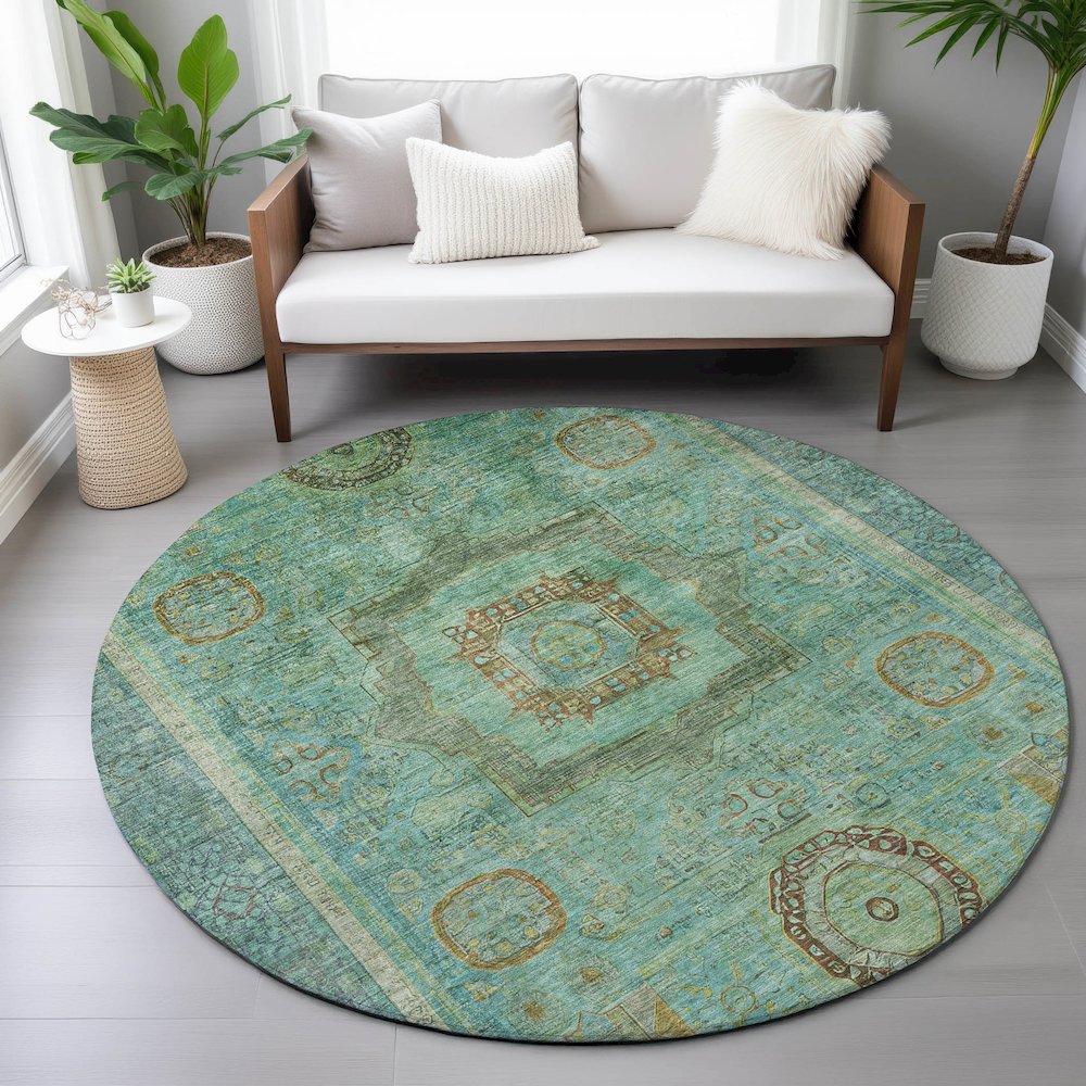Machine Washable Indoor/Outdoor Chantille ACN2159 Green 8' x 8' Round Rug. Picture 5