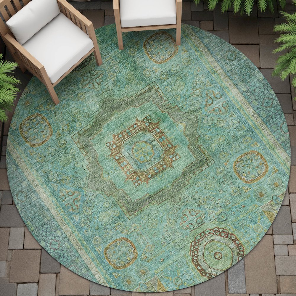 Machine Washable Indoor/Outdoor Chantille ACN2159 Green 8' x 8' Round Rug. Picture 6