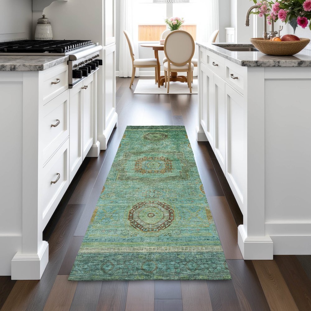 Machine Washable Indoor/Outdoor Chantille ACN2159 Green 2'3" x 7'6" Runner Rug. Picture 5