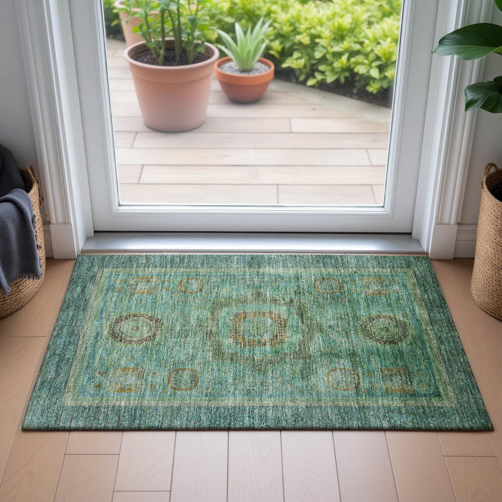 Machine Washable Indoor/Outdoor Chantille ACN2159 Green 1'8" x 2'6" Rug. Picture 5