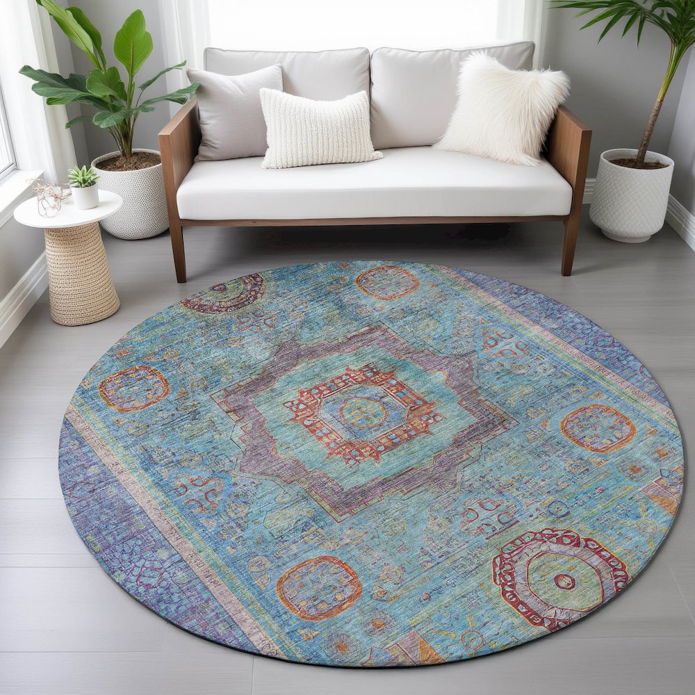 Machine Washable Indoor/Outdoor Chantille ACN2159 Teal 8' x 8' Round Rug. Picture 5