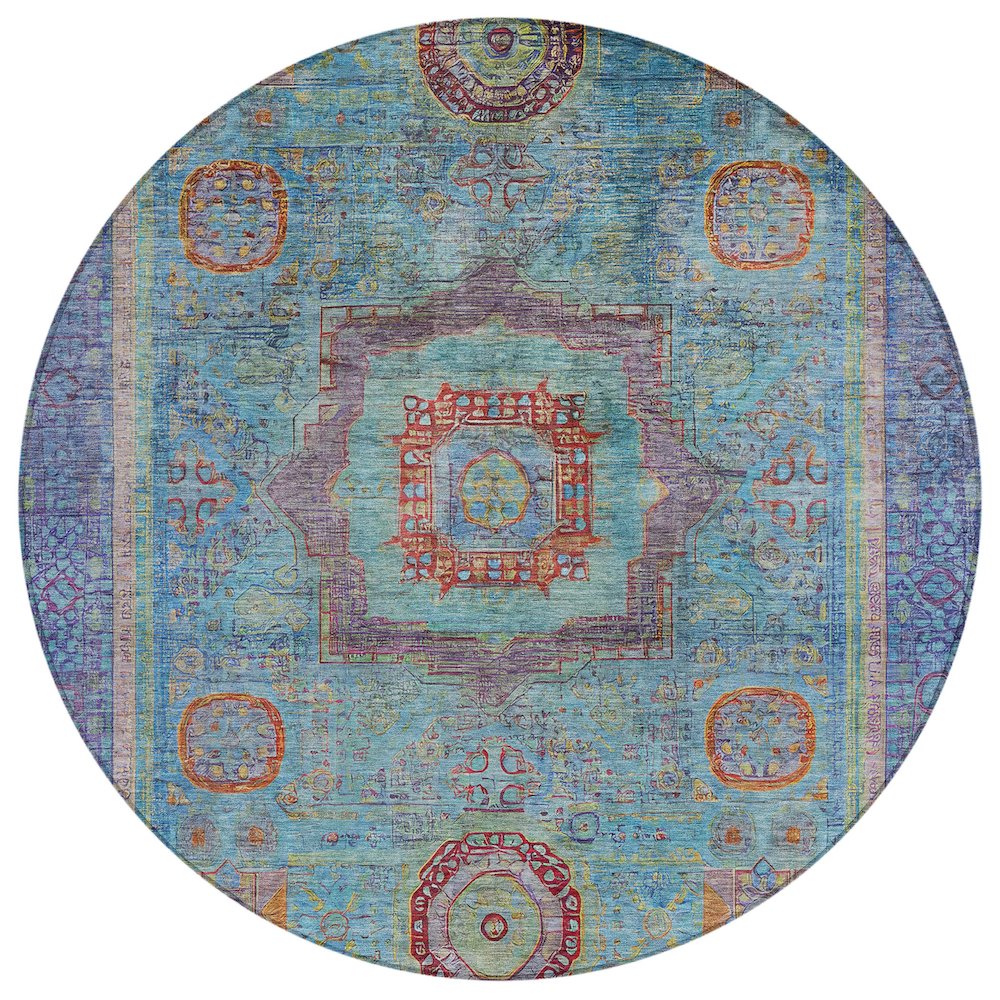 Machine Washable Indoor/Outdoor Chantille ACN2159 Teal 8' x 8' Round Rug. Picture 1