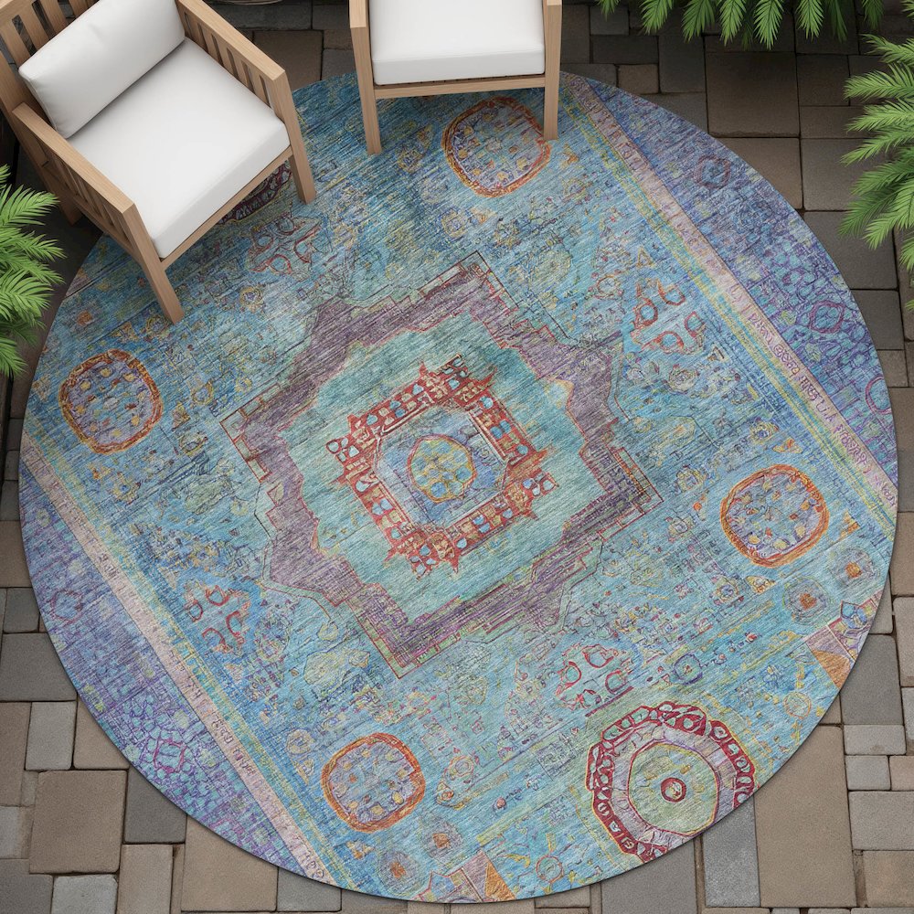 Machine Washable Indoor/Outdoor Chantille ACN2159 Teal 8' x 8' Round Rug. Picture 6