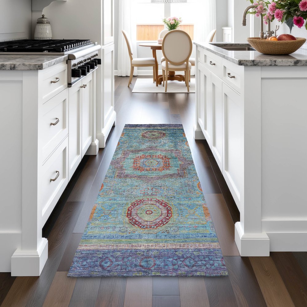 Machine Washable Indoor/Outdoor Chantille ACN2159 Teal 2'3" x 7'6" Runner Rug. Picture 5