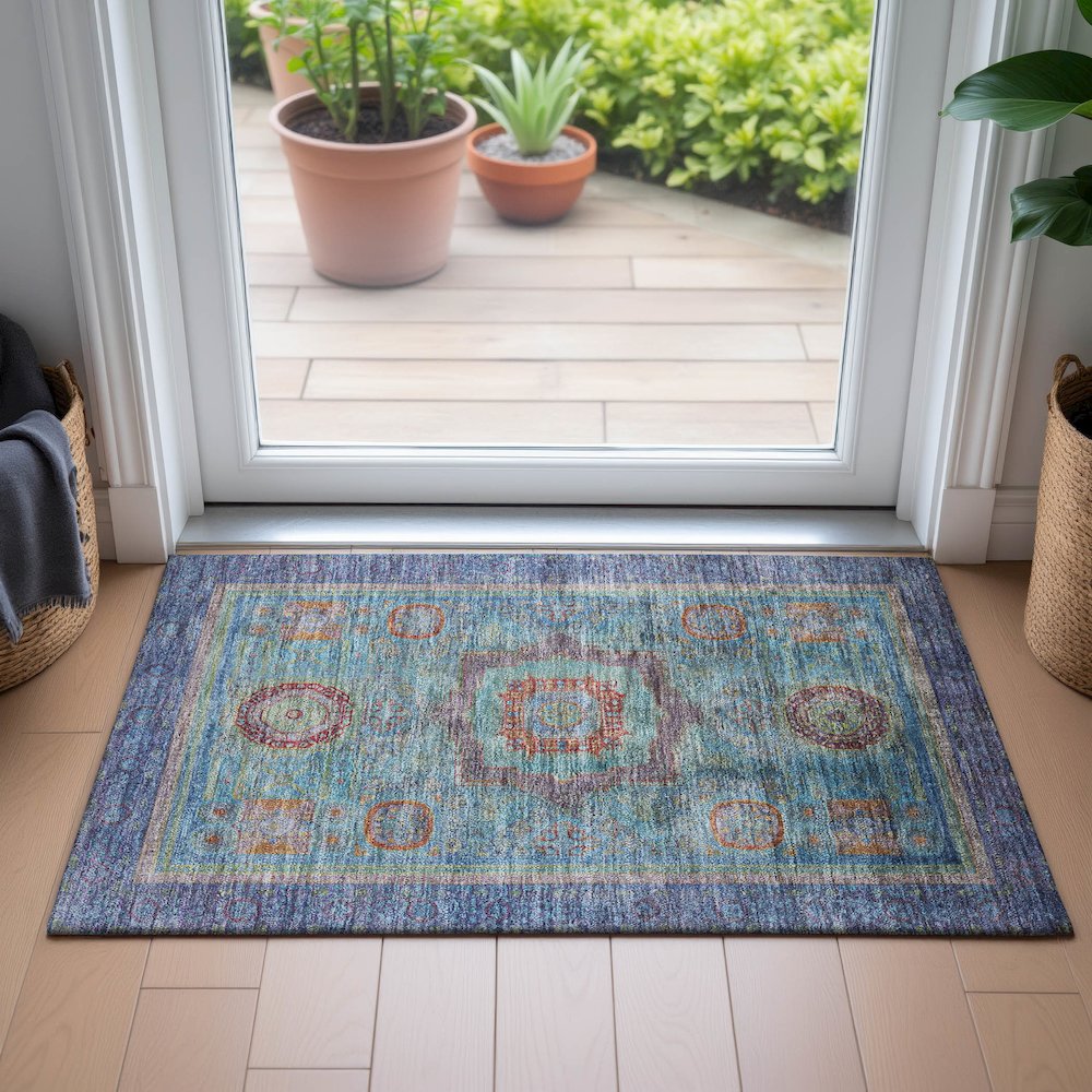Machine Washable Indoor/Outdoor Chantille ACN2159 Teal 1'8" x 2'6" Rug. Picture 5