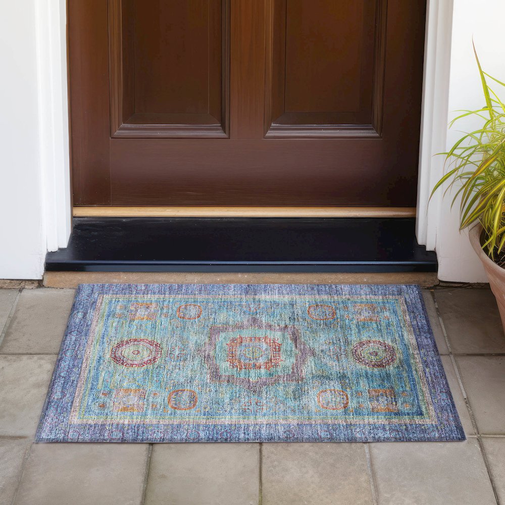 Machine Washable Indoor/Outdoor Chantille ACN2159 Teal 1'8" x 2'6" Rug. Picture 6
