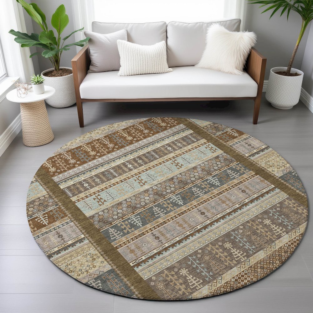 Machine Washable Indoor/Outdoor Chantille ACN2160 Brown 8' x 8' Round Rug. Picture 5