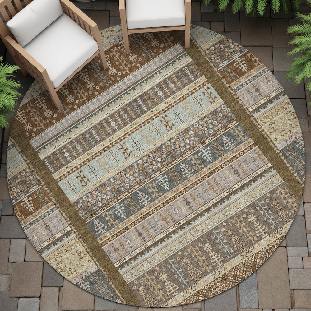 Machine Washable Indoor/Outdoor Chantille ACN2160 Brown 8' x 8' Round Rug. Picture 6