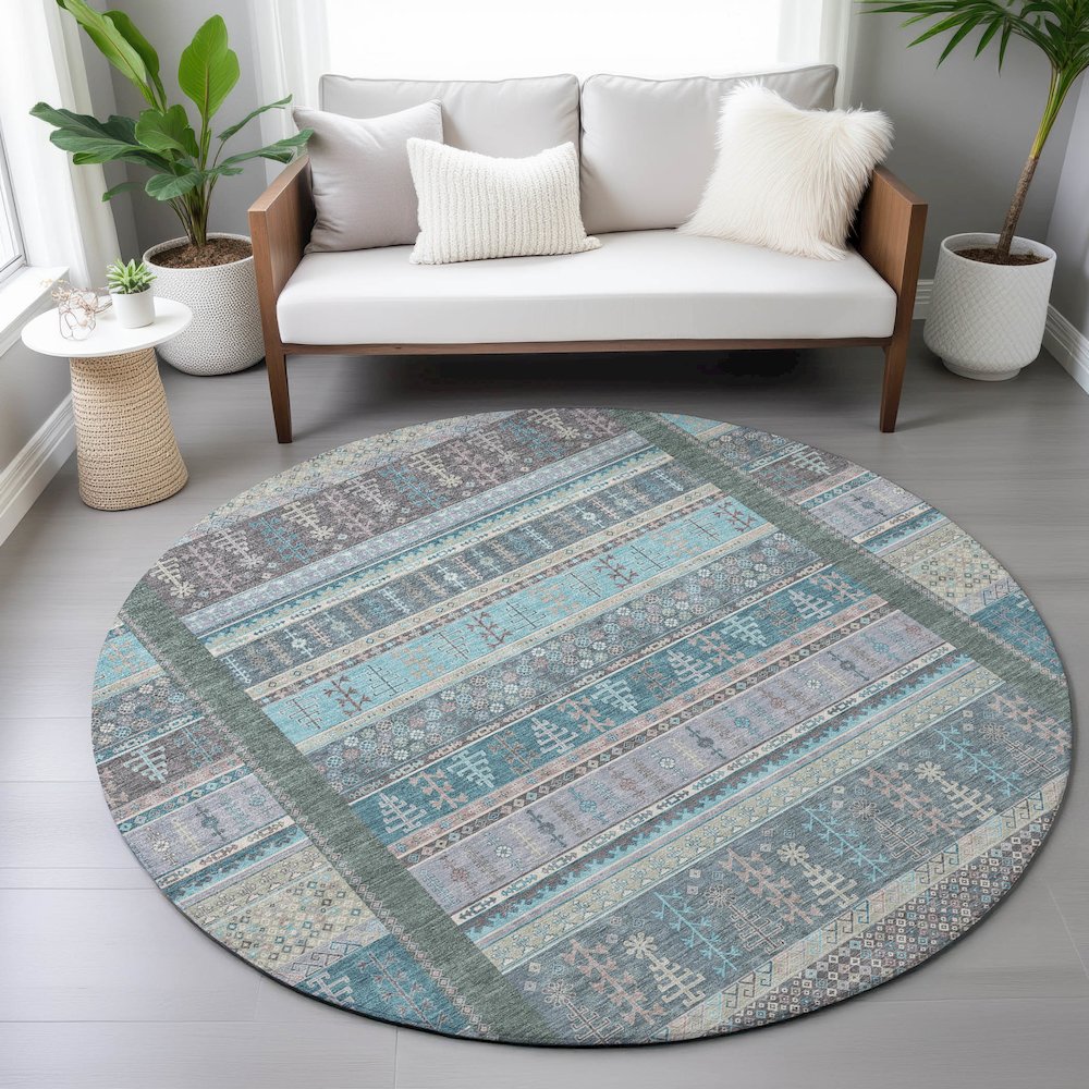 Machine Washable Indoor/Outdoor Chantille ACN2160 Teal 8' x 8' Round Rug. Picture 5