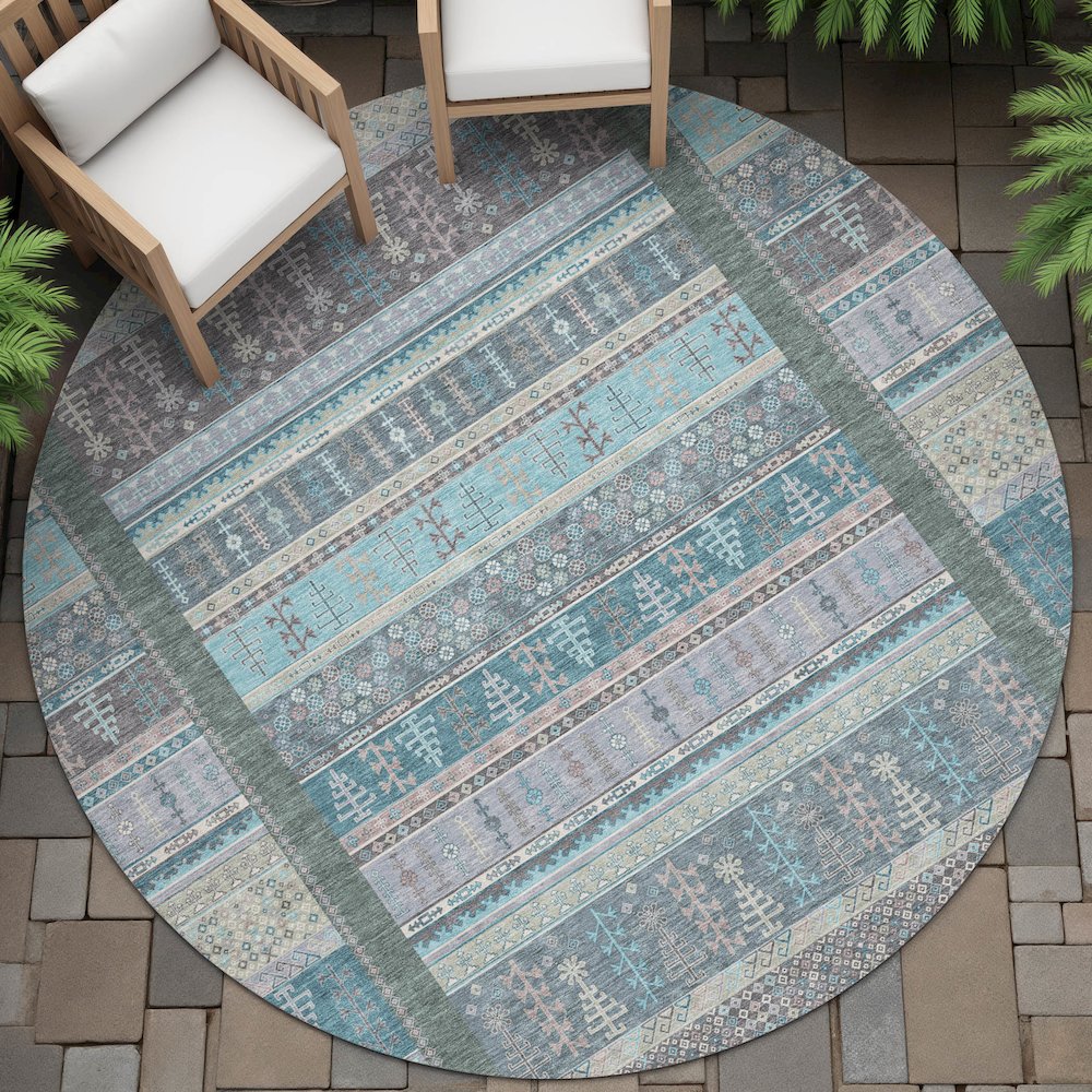 Machine Washable Indoor/Outdoor Chantille ACN2160 Teal 8' x 8' Round Rug. Picture 6