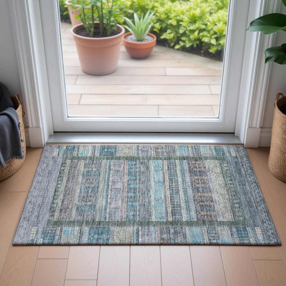 Machine Washable Indoor/Outdoor Chantille ACN2160 Teal 1'8" x 2'6" Rug. Picture 5