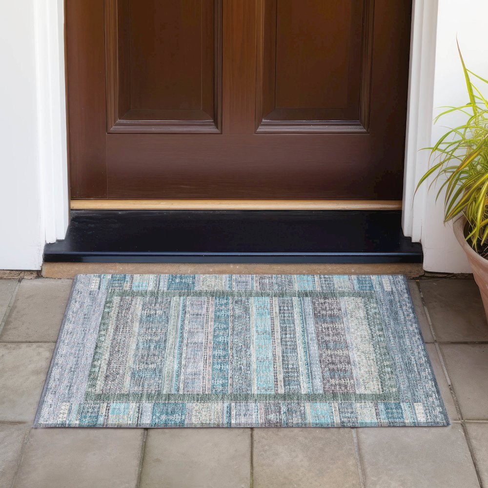 Machine Washable Indoor/Outdoor Chantille ACN2160 Teal 1'8" x 2'6" Rug. Picture 6