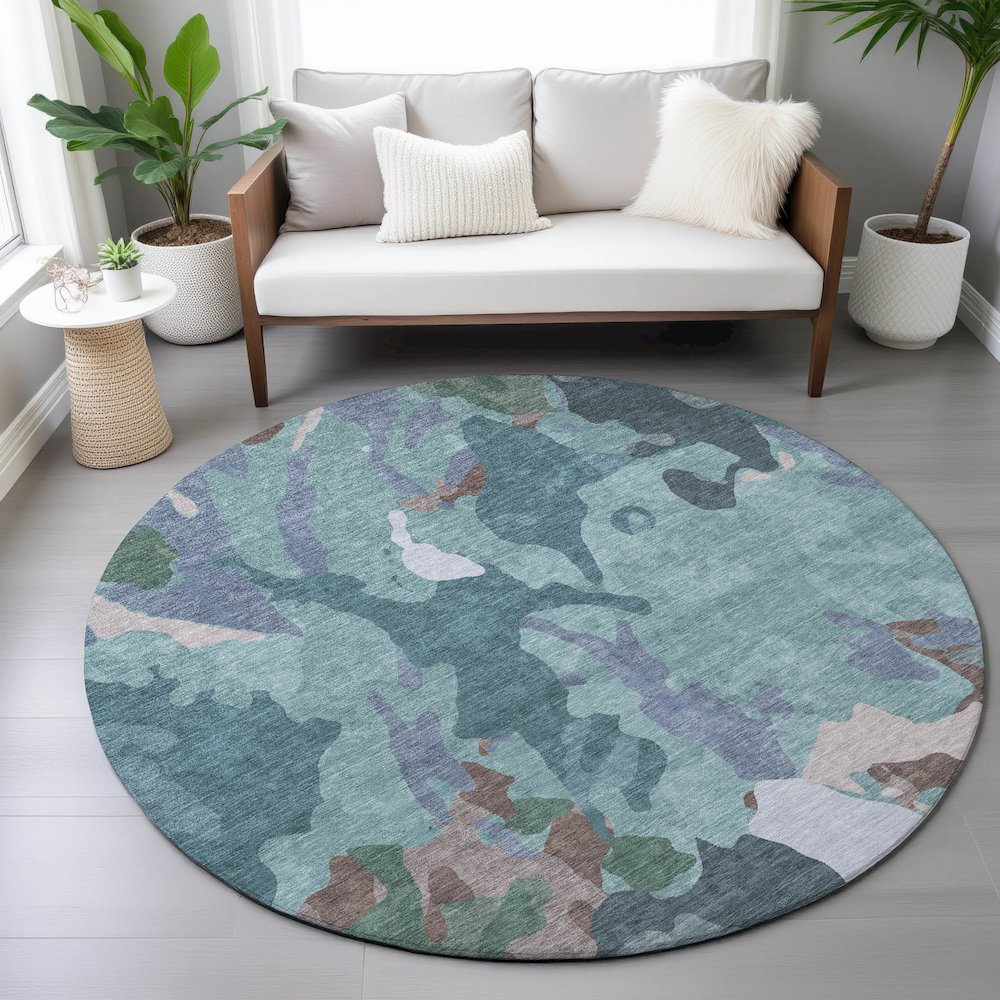 Machine Washable Indoor/Outdoor Chantille ACN2161 Teal 8' x 8' Round Rug. Picture 5
