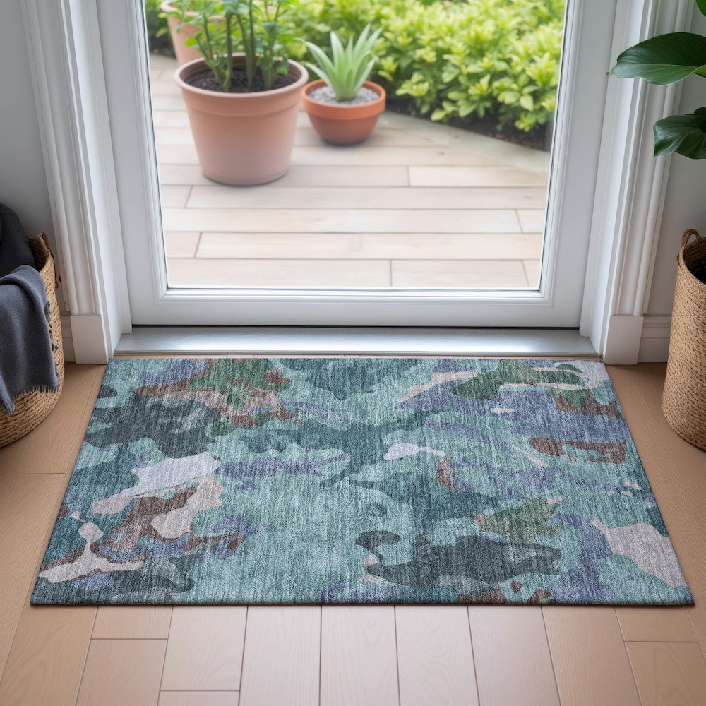 Machine Washable Indoor/Outdoor Chantille ACN2161 Teal 1'8" x 2'6" Rug. Picture 5
