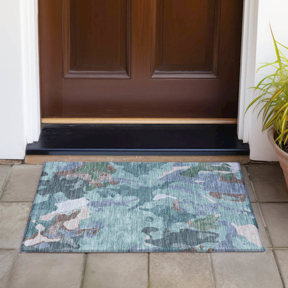 Machine Washable Indoor/Outdoor Chantille ACN2161 Teal 1'8" x 2'6" Rug. Picture 6