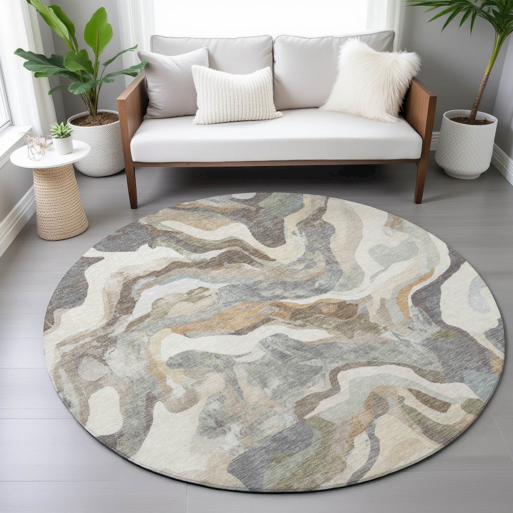 Machine Washable Indoor/Outdoor Chantille ACN2162 Khaki 8' x 8' Round Rug. Picture 5