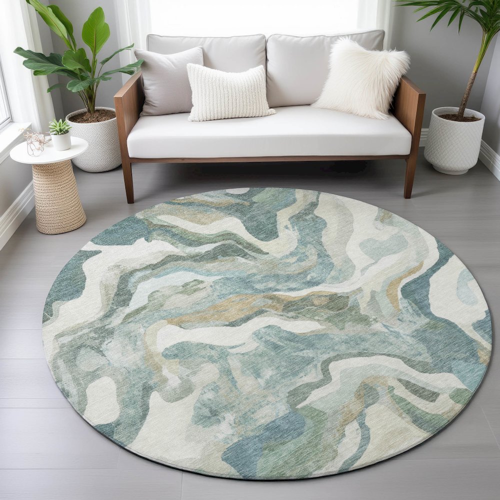 Machine Washable Indoor/Outdoor Chantille ACN2162 Teal 8' x 8' Round Rug. Picture 5