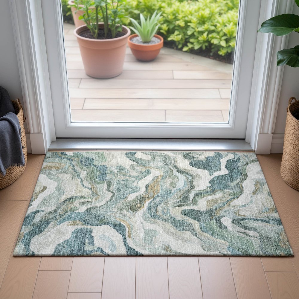 Machine Washable Indoor/Outdoor Chantille ACN2162 Teal 1'8" x 2'6" Rug. Picture 5