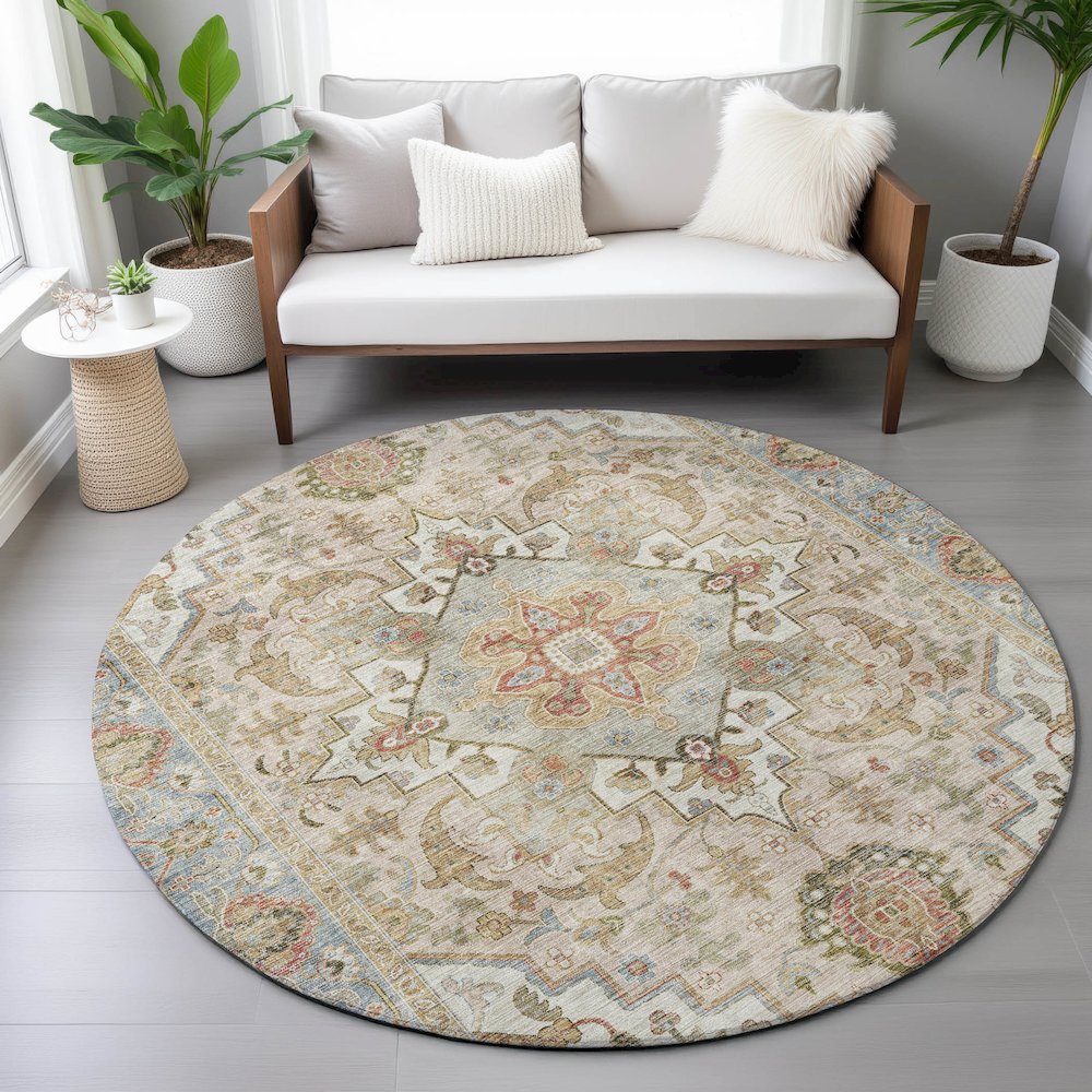 Machine Washable Indoor/Outdoor Chantille ACN2163 Beige 8' x 8' Round Rug. Picture 5