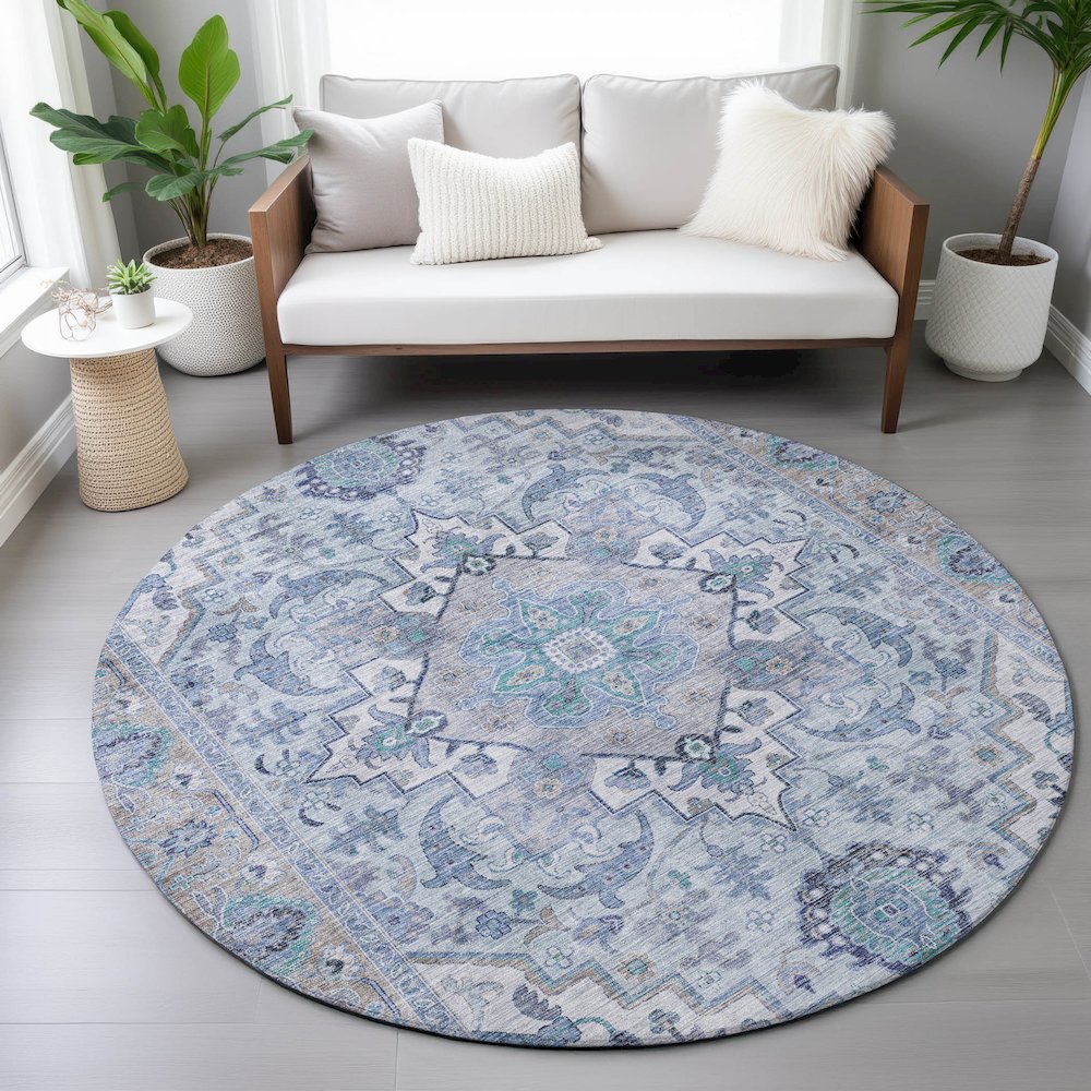 Machine Washable Indoor/Outdoor Chantille ACN2163 Blue 8' x 8' Round Rug. Picture 5