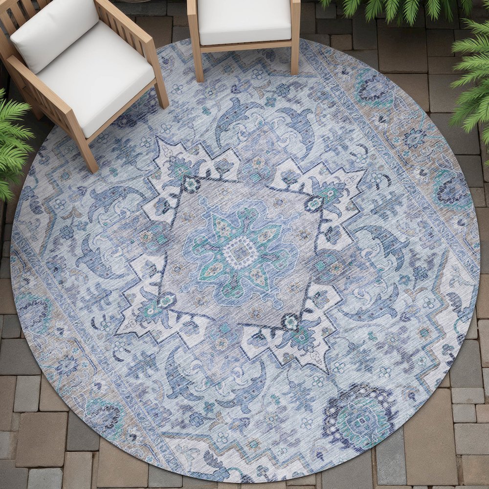 Machine Washable Indoor/Outdoor Chantille ACN2163 Blue 8' x 8' Round Rug. Picture 6