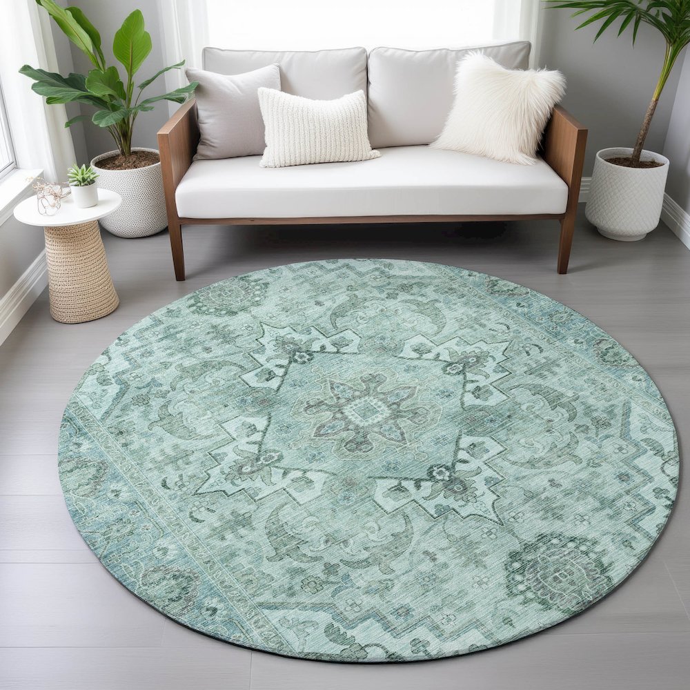 Machine Washable Indoor/Outdoor Chantille ACN2164 Teal 8' x 8' Round Rug. Picture 5