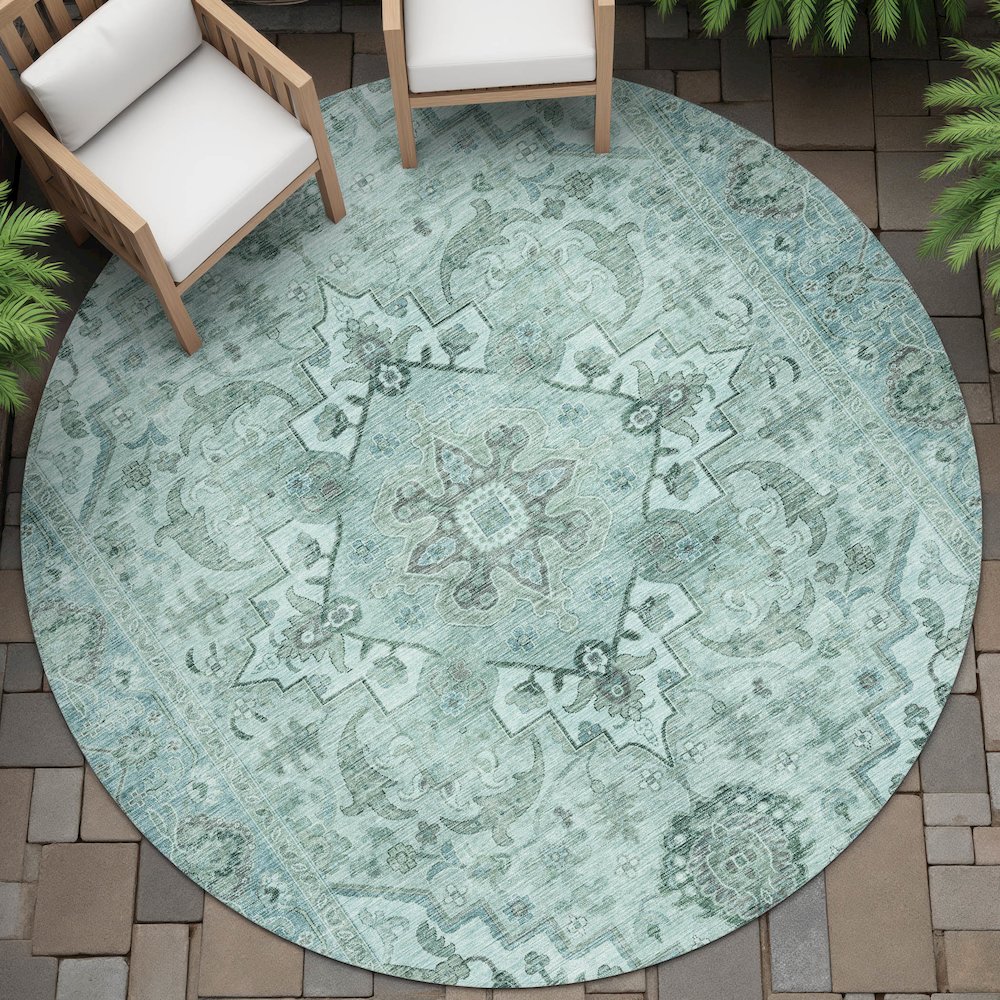 Machine Washable Indoor/Outdoor Chantille ACN2164 Teal 8' x 8' Round Rug. Picture 6