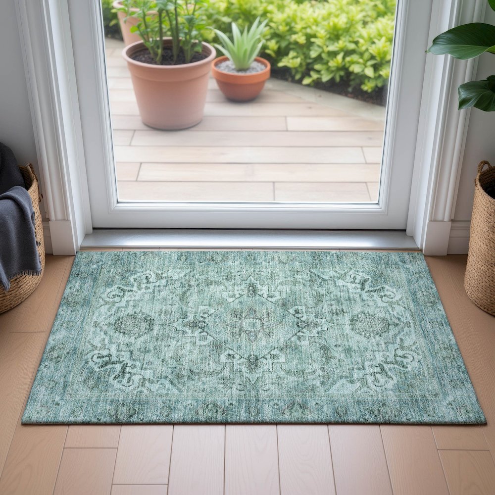 Machine Washable Indoor/Outdoor Chantille ACN2164 Teal 1'8" x 2'6" Rug. Picture 5